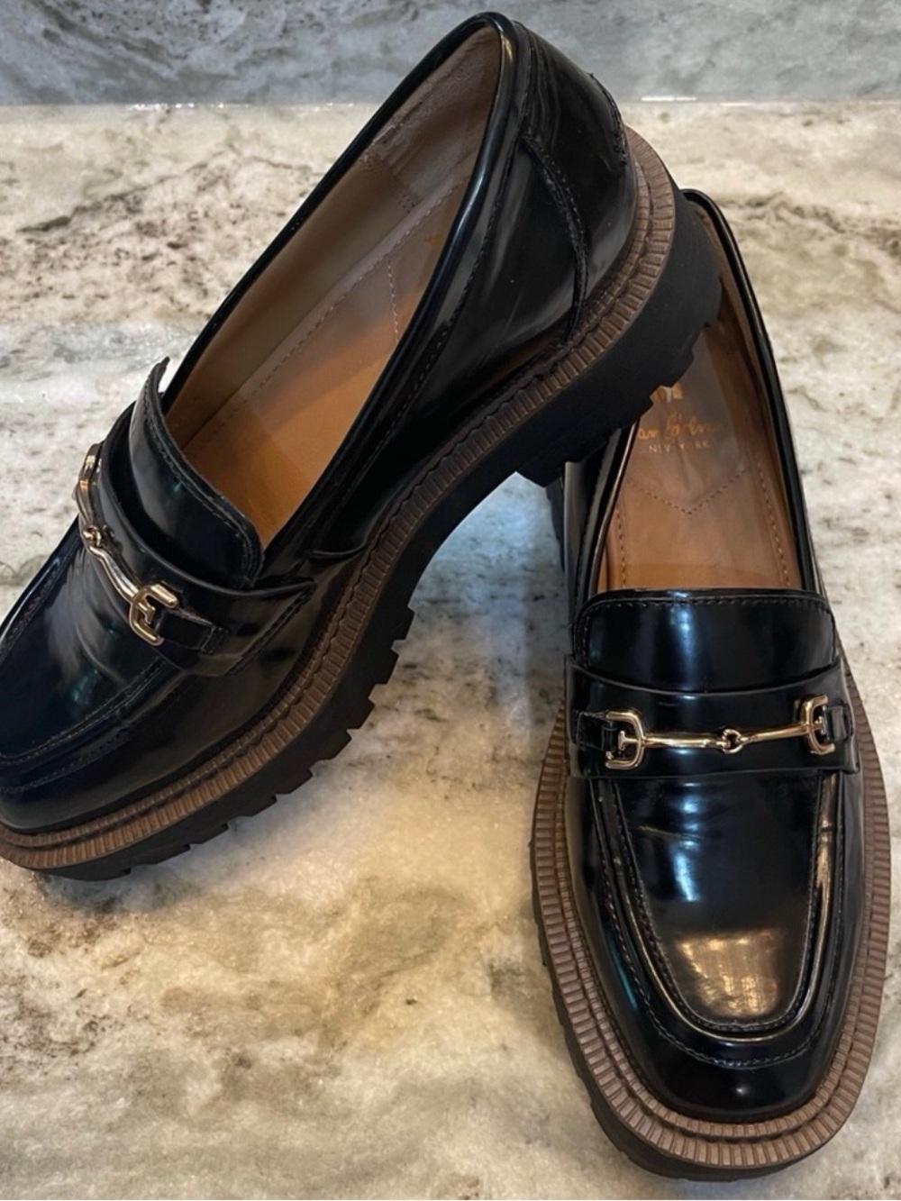 Sam Edelman Laurs Black Patent Loafers Lug Sole - Size 7.5